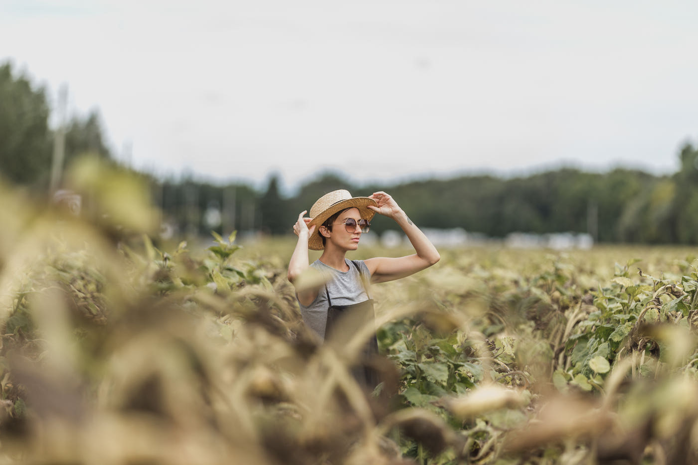 A woman in a sunny field, free and smiling