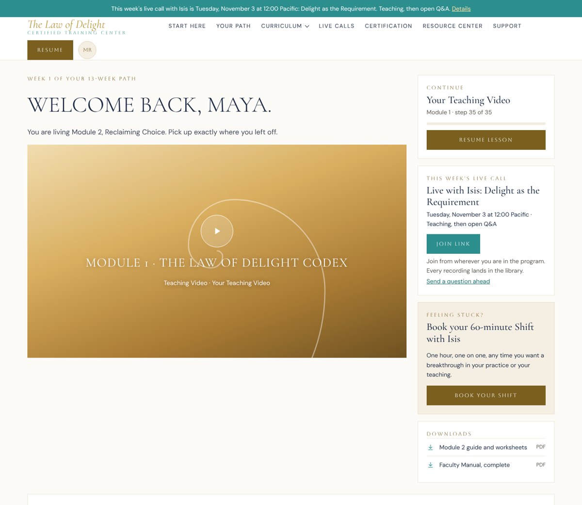The Law of Delight Certified Training Center dashboard