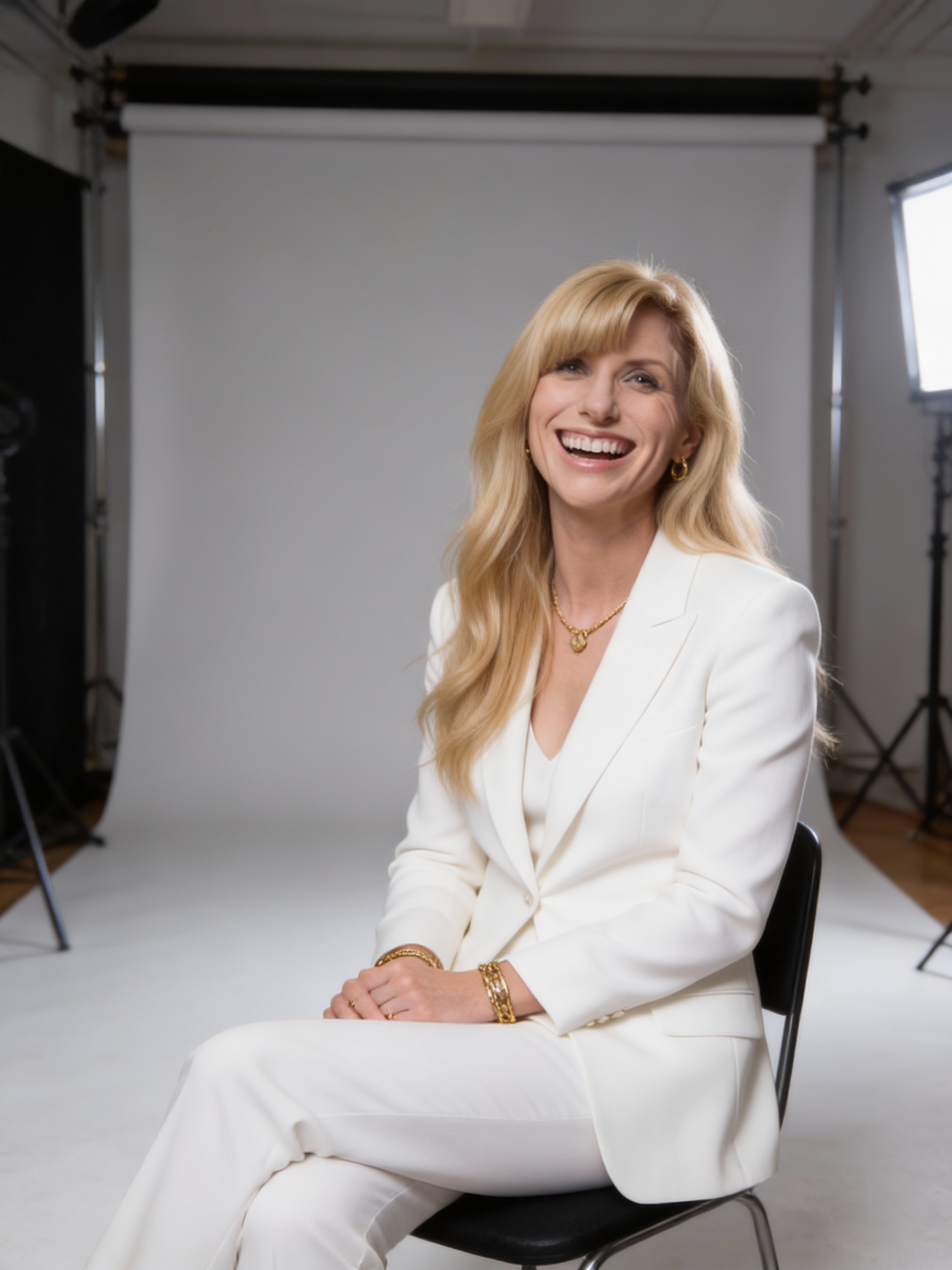 Isis Jade in a white suit, smiling at you